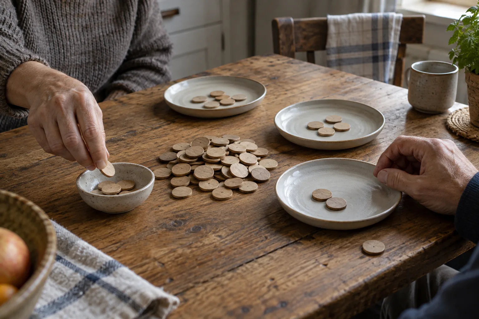 Anonymous hands dividing one pile of plain tokens among three payment trays, One hand moves a token into the fee dish while