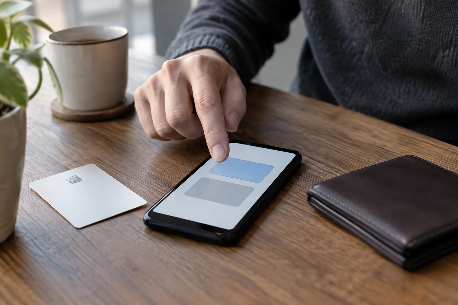 An unbranded phone displaying two abstract payment tiles, one selectable and one greyed out, A cropped hand hovers over the