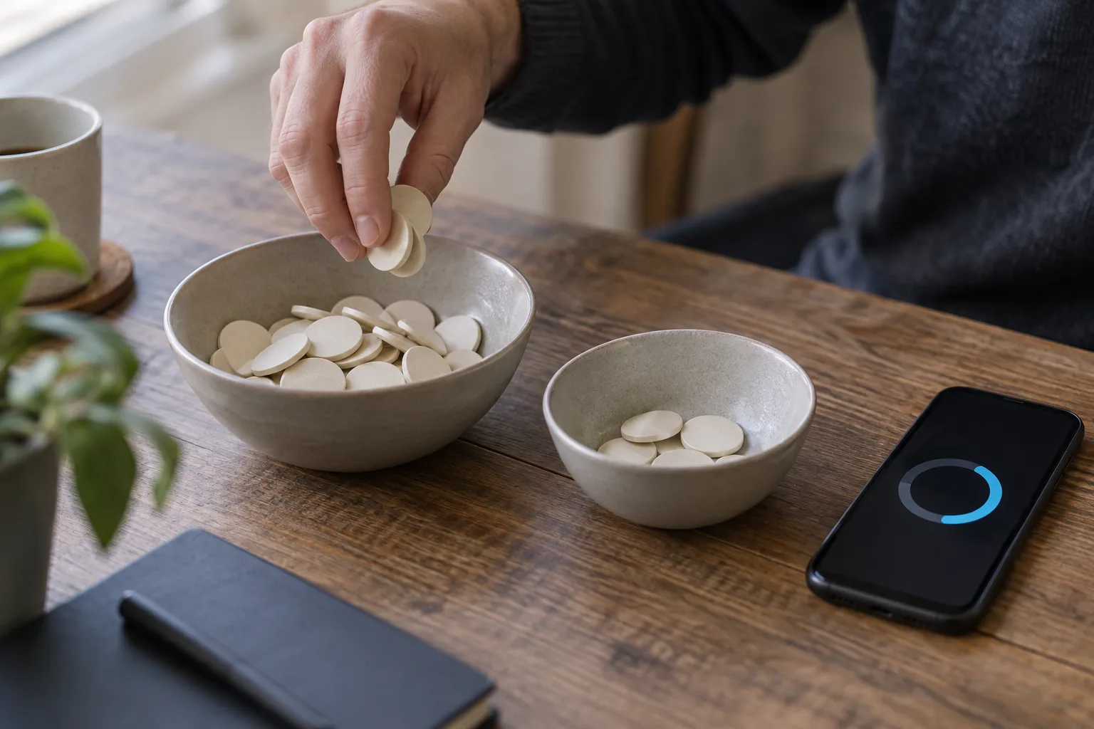 A hand moving blank tokens between two bowls, The hand moves tokens from the larger stake pile while the progress ring
