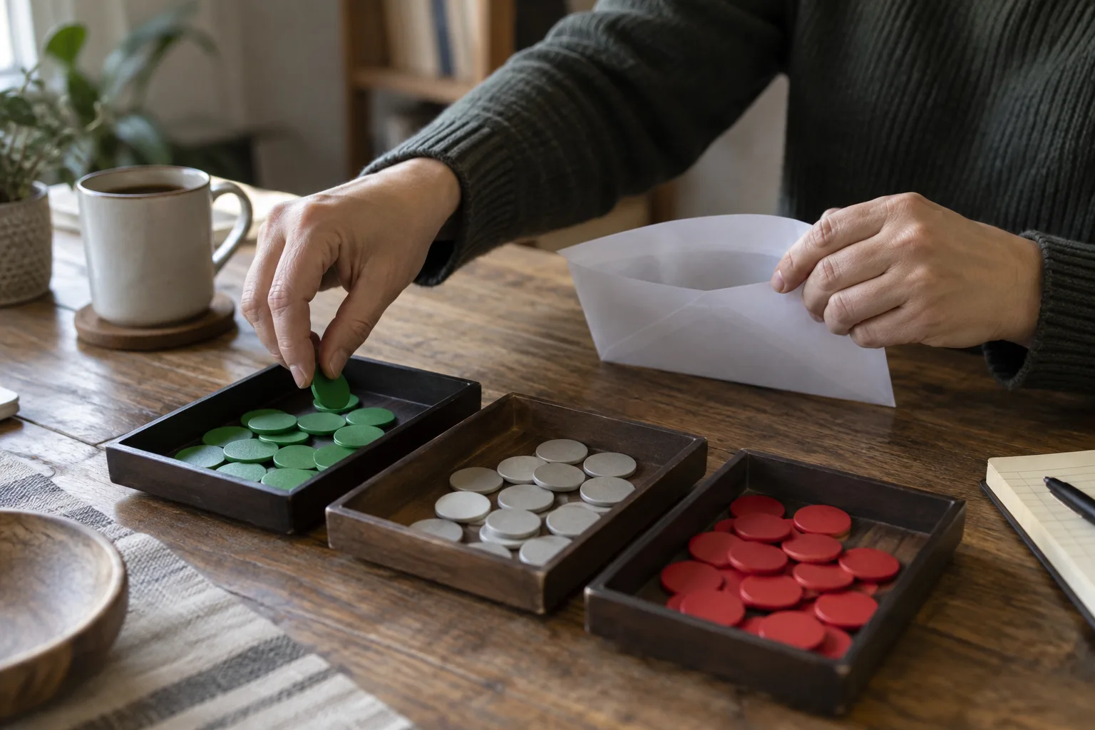 An anonymous pair of hands separating plain tokens by eligibility, One hand moves only the eligible tokens toward the