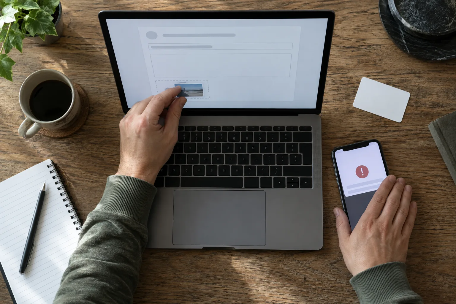 Anonymous hands adding evidence to an existing support thread, One hand covers sensitive areas of the phone screen while the