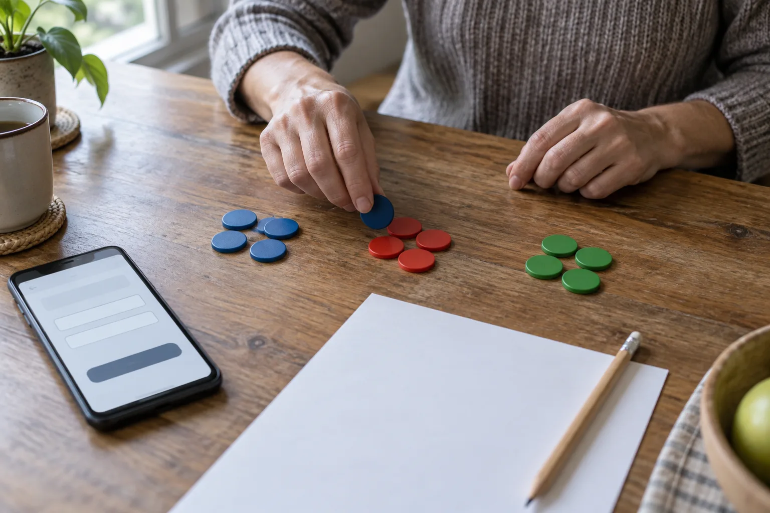 Hands separating a small set of plain tokens into payment, charge, and reserve groups, A hand moves one token from the