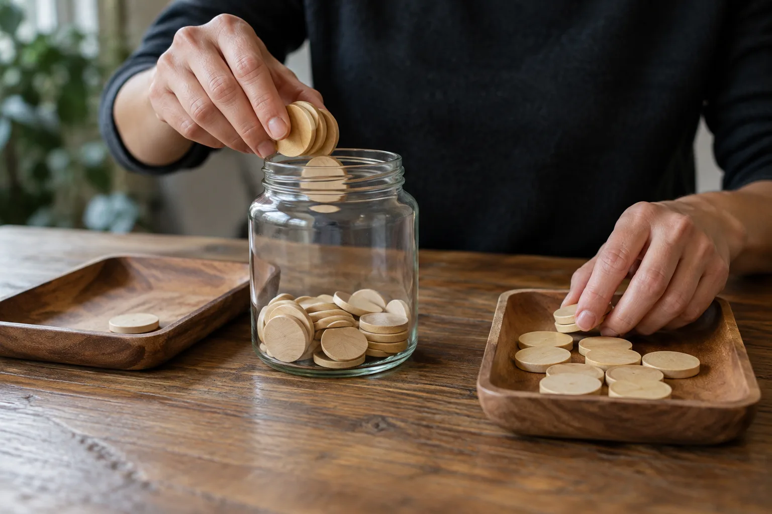 Unidentifiable hands dividing equal plain tokens between two shallow trays, One hand moves every token from one tray into