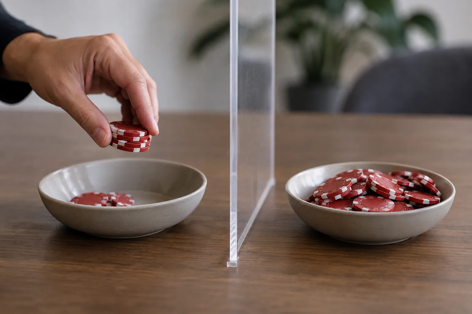 A hand separating promotional chips into an allowed portion and an excess portion, The hand moves some chips toward the